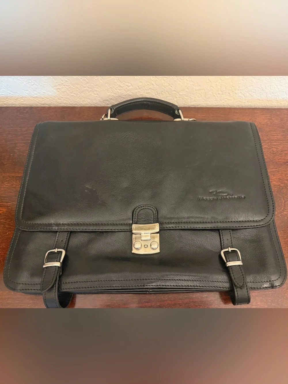 Vintage Maggio & Rosetto Leather Briefcase Black Expendable Bottom No Strap